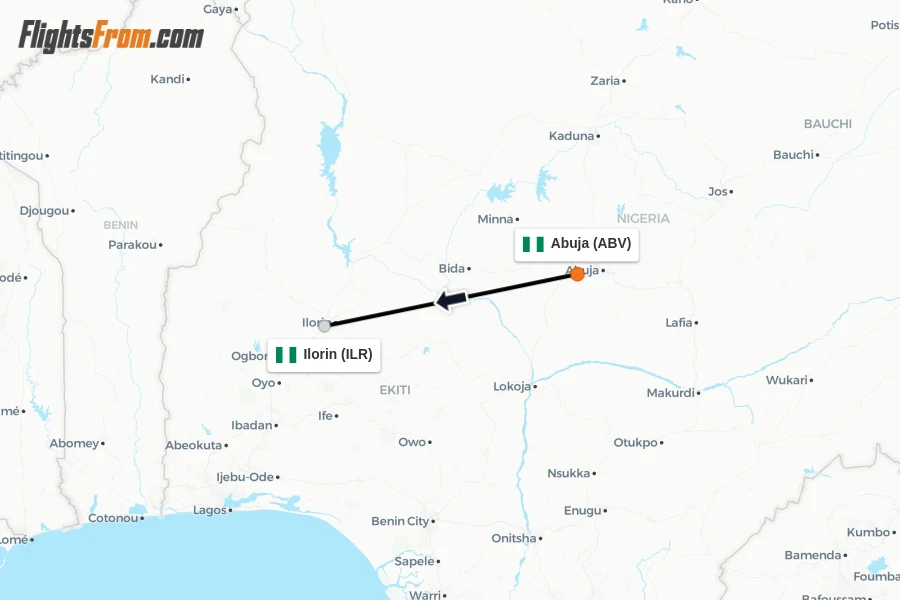 Flights from Abuja to Ilorin route map