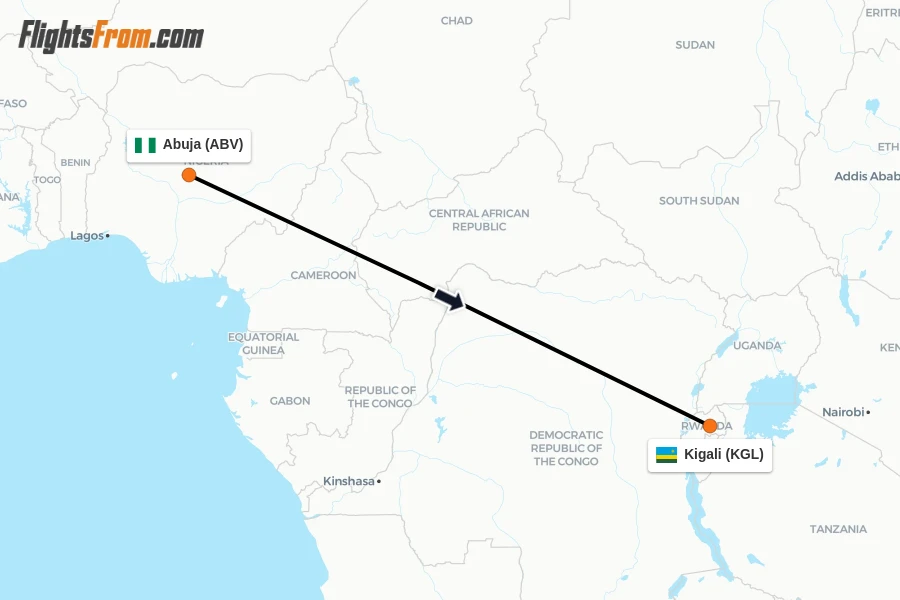 Flights from Abuja to Kigali route map