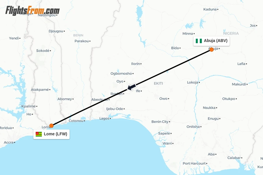Flights from Abuja to Lome route map