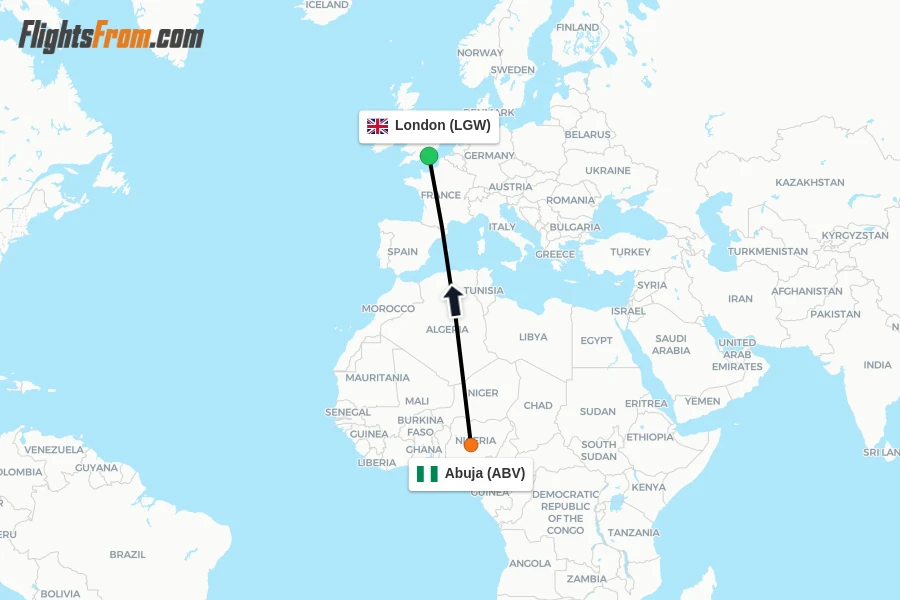 Flights from Abuja to London route map