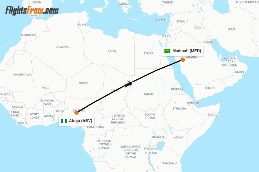 Flights from Abuja to Madinah route map