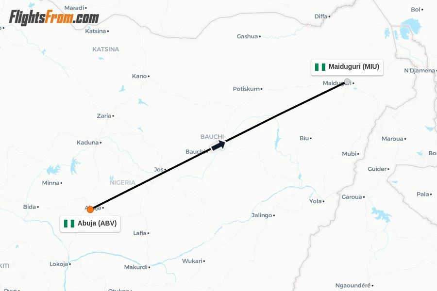 Flights from Abuja to Maiduguri route map