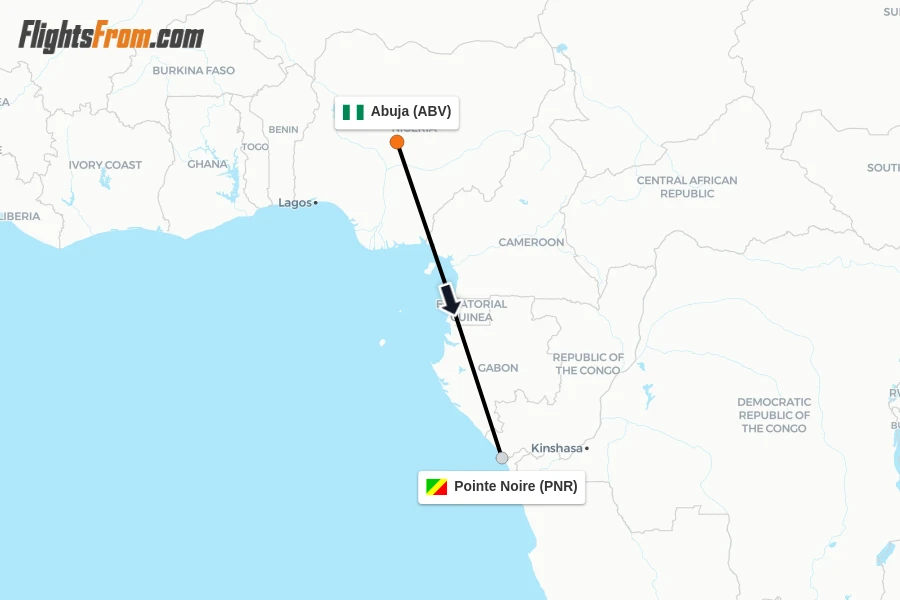 Flights from Abuja to Pointe Noire route map