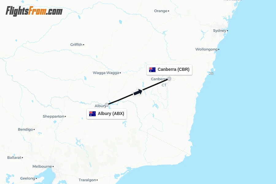 Flights from Albury to Canberra route map