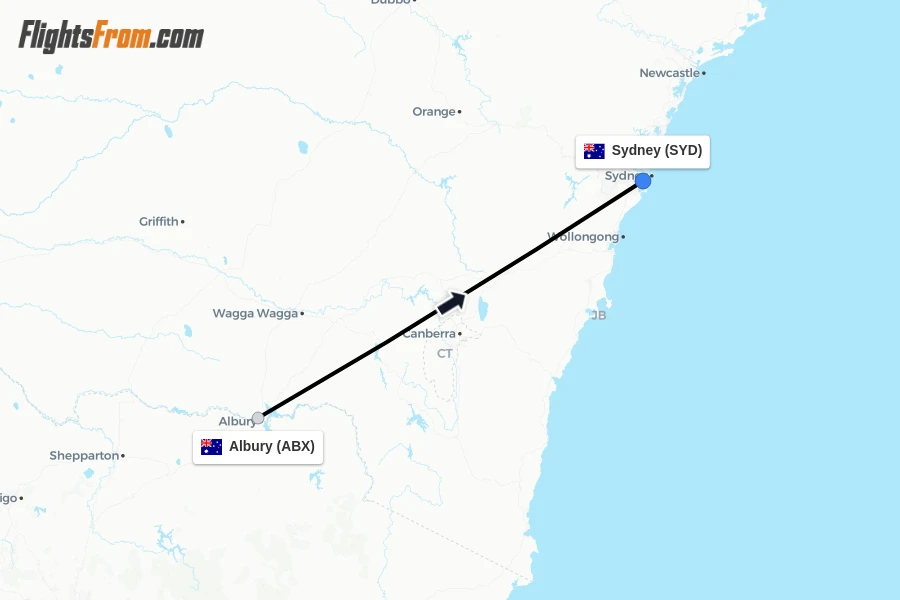 Flights from Albury to Sydney route map