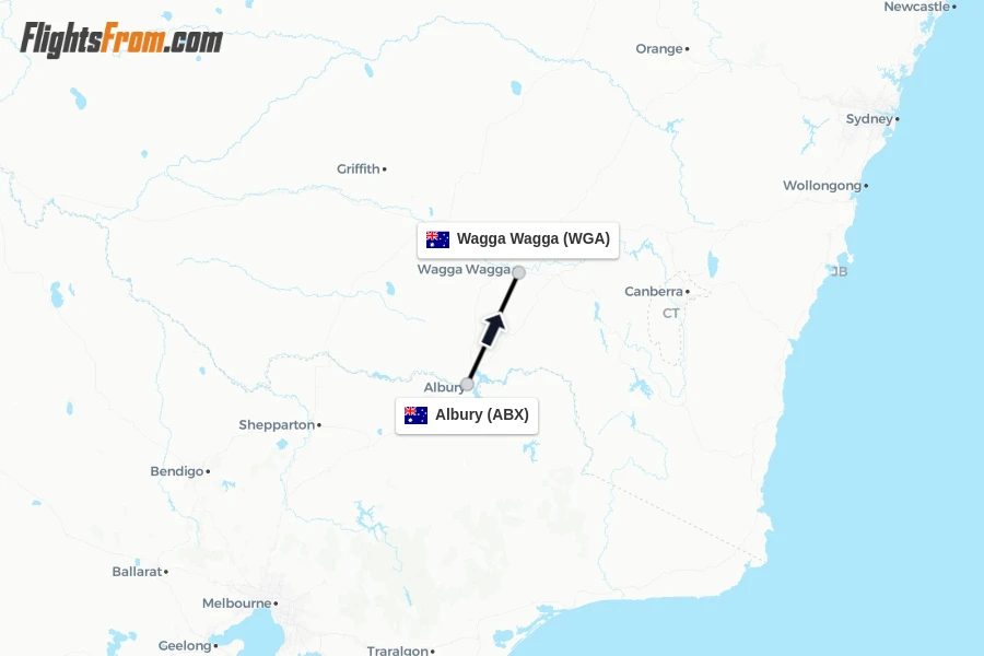 Flights from Albury to Wagga Wagga route map