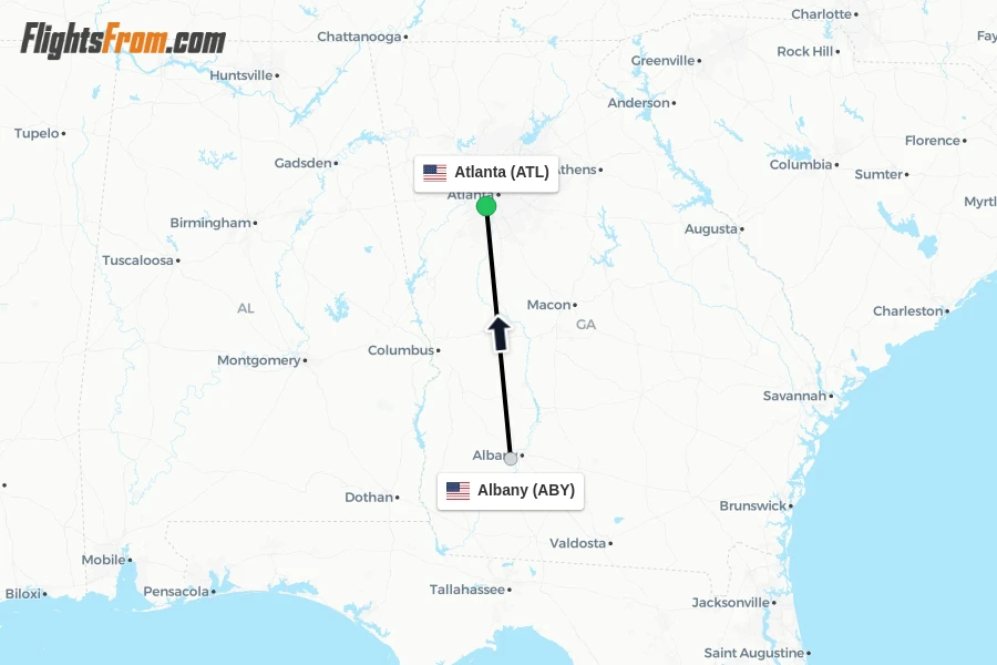 Flights from Albany to Atlanta route map