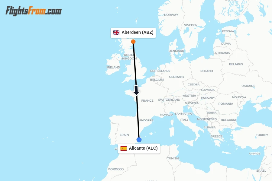Flights from Aberdeen to Alicante route map