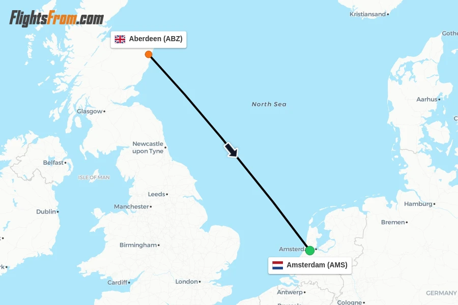 Flights from Aberdeen to Amsterdam route map