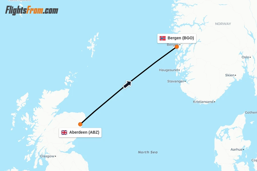 Flights from Aberdeen to Bergen route map