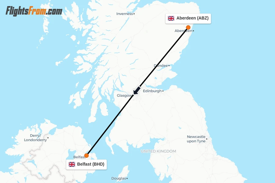 Flights from Aberdeen to Belfast route map