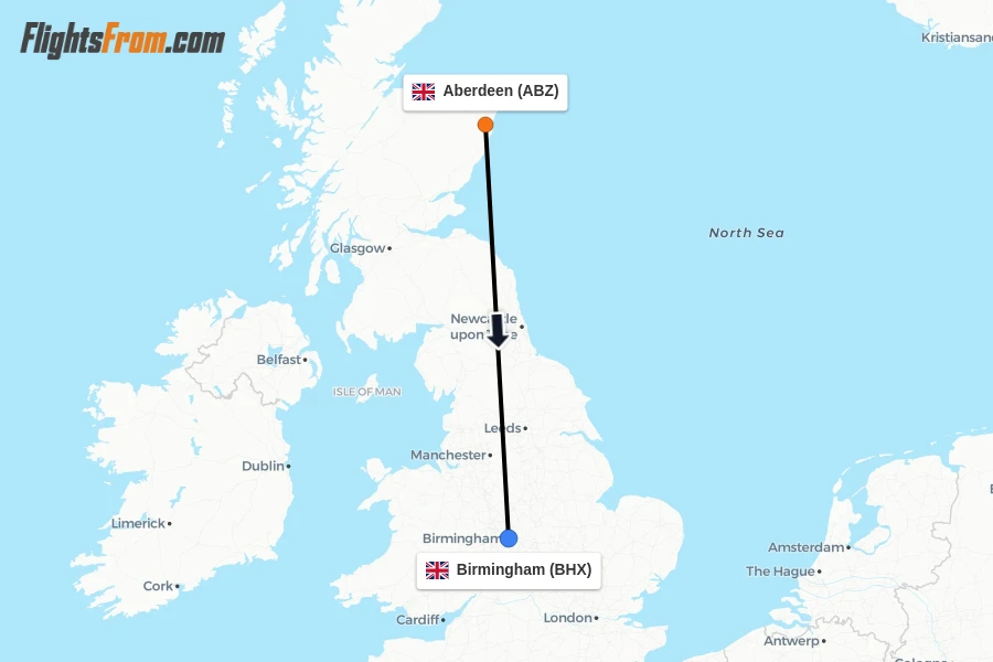 Flights from Aberdeen to Birmingham route map