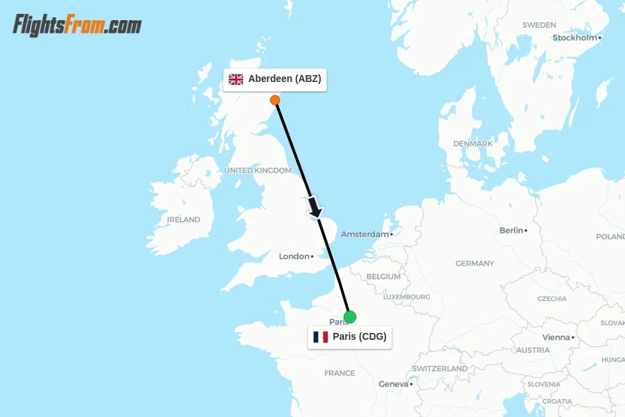 Flights from Aberdeen to Paris route map