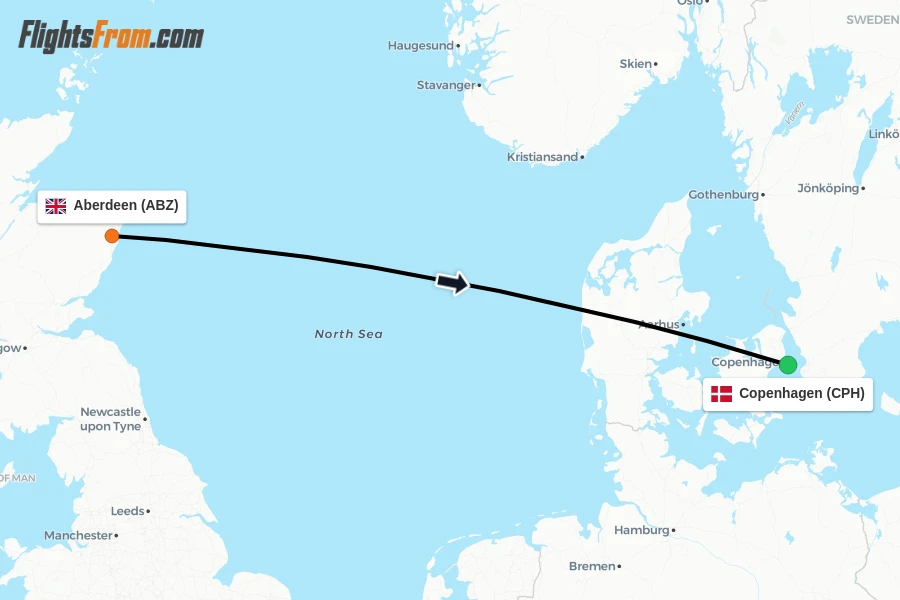 Flights from Aberdeen to Copenhagen route map