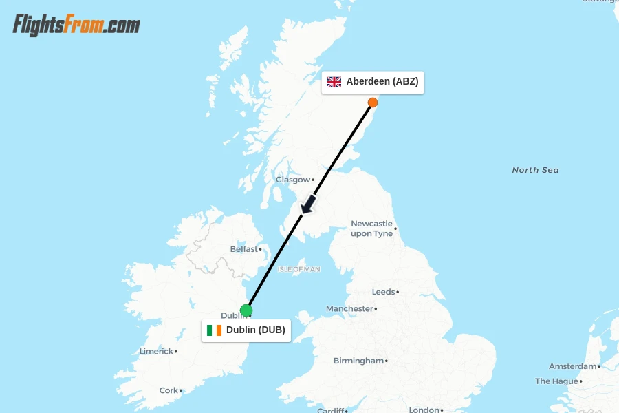 Flights from Aberdeen to Dublin route map