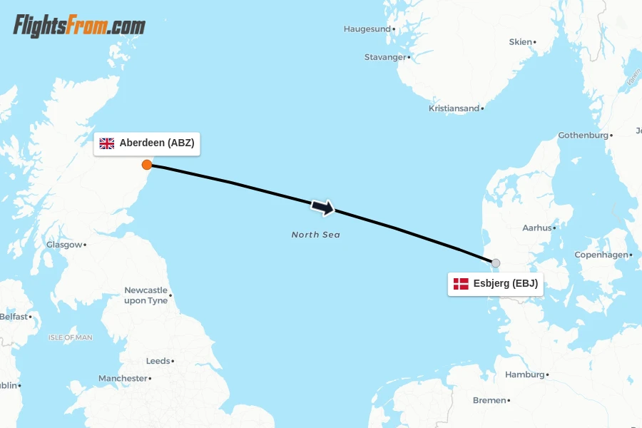 Flights from Aberdeen to Esbjerg route map