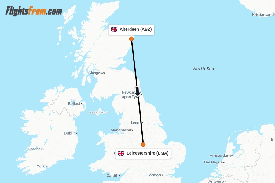 Flights from Aberdeen to Leicestershire route map