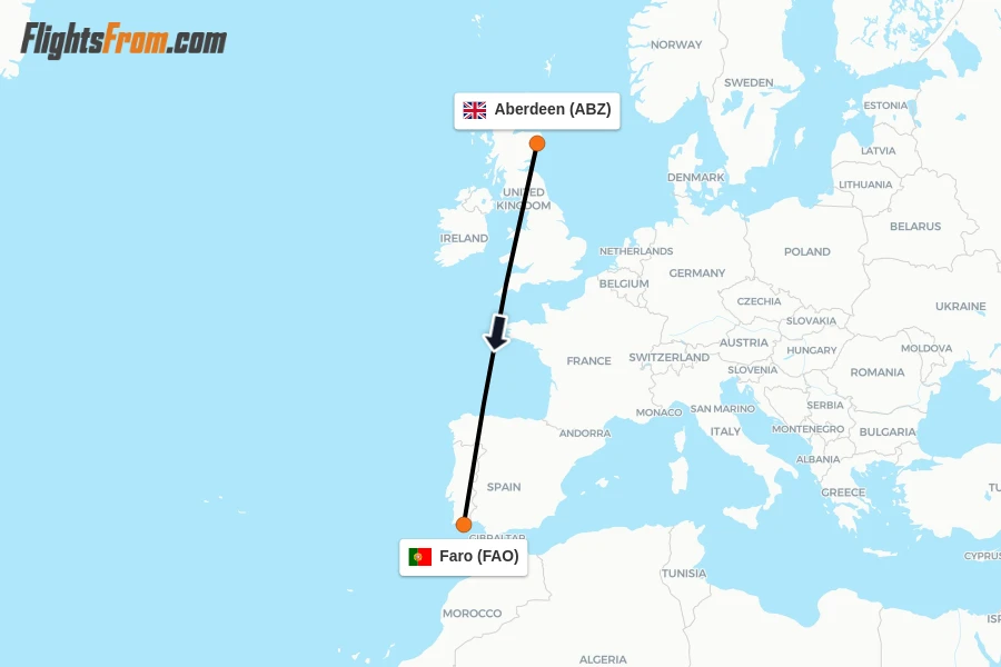 Flights from Aberdeen to Faro route map