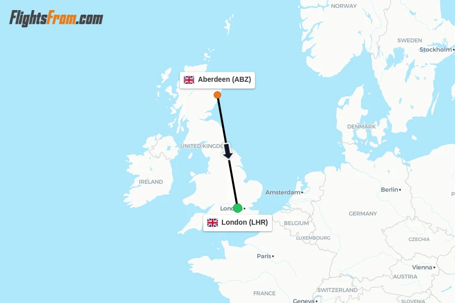 Flights from Aberdeen to London route map