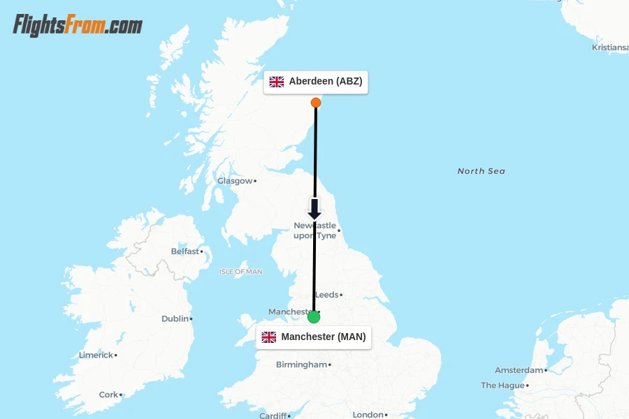 Flights from Aberdeen to Manchester route map