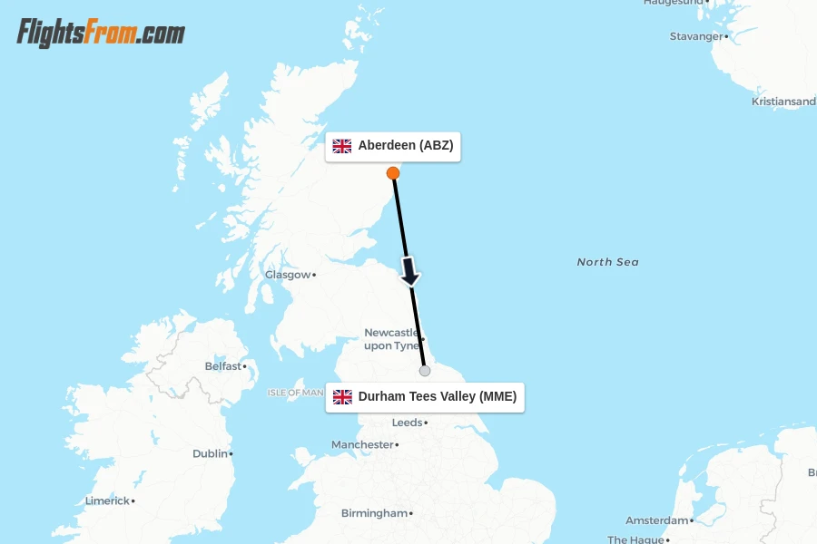 Flights from Aberdeen to Durham Tees Valley route map
