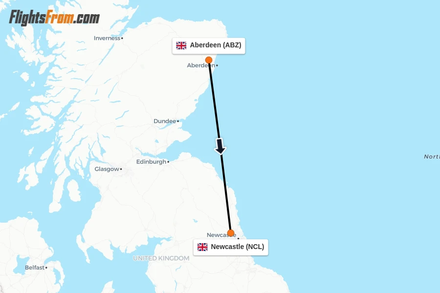 Flights from Aberdeen to Newcastle route map