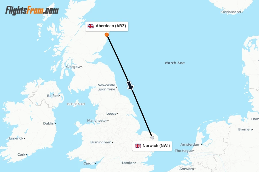 Flights from Aberdeen to Norwich route map