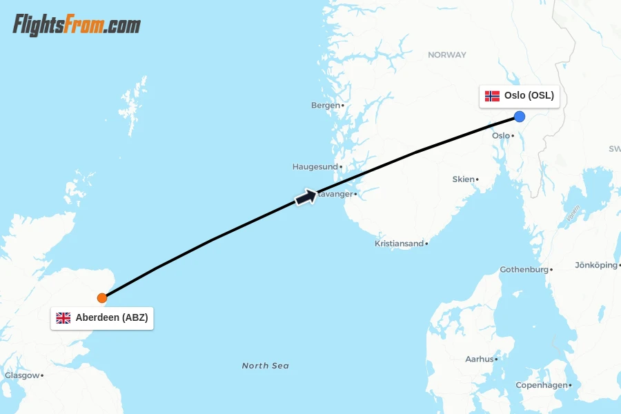Flights from Aberdeen to Oslo route map