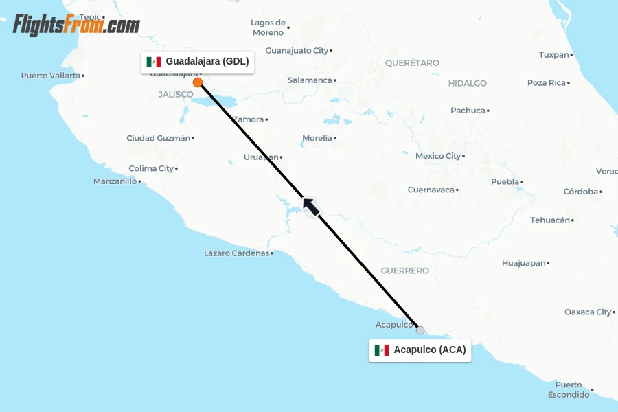 Flights from Acapulco to Guadalajara route map