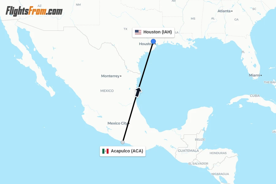 Flights from Acapulco to Houston route map