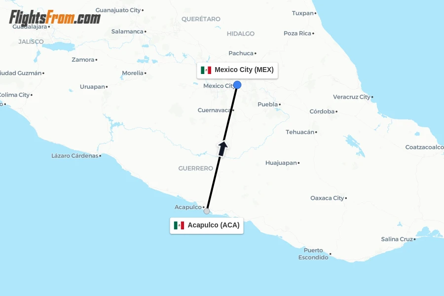 Flights from Acapulco to Mexico City route map