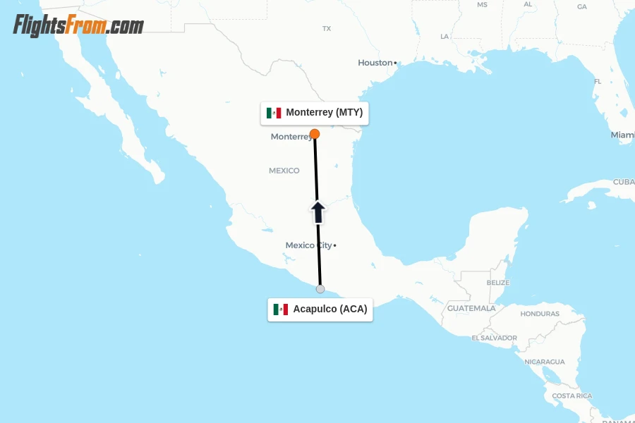Flights from Acapulco to Monterrey route map