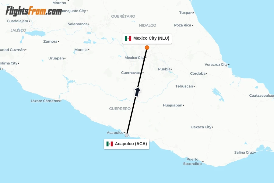 Flights from Acapulco to Mexico City route map