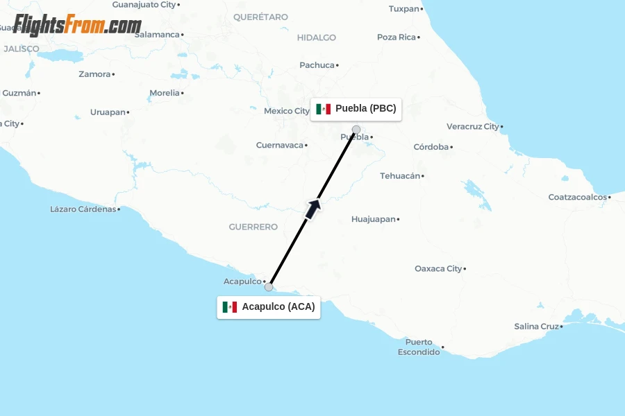 Flights from Acapulco to Puebla route map