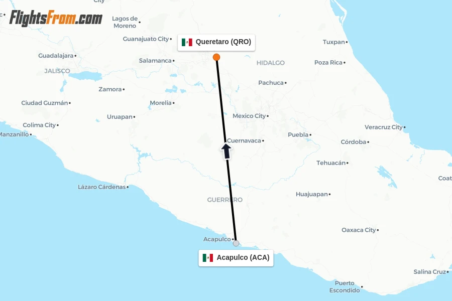 Flights from Acapulco to Queretaro route map