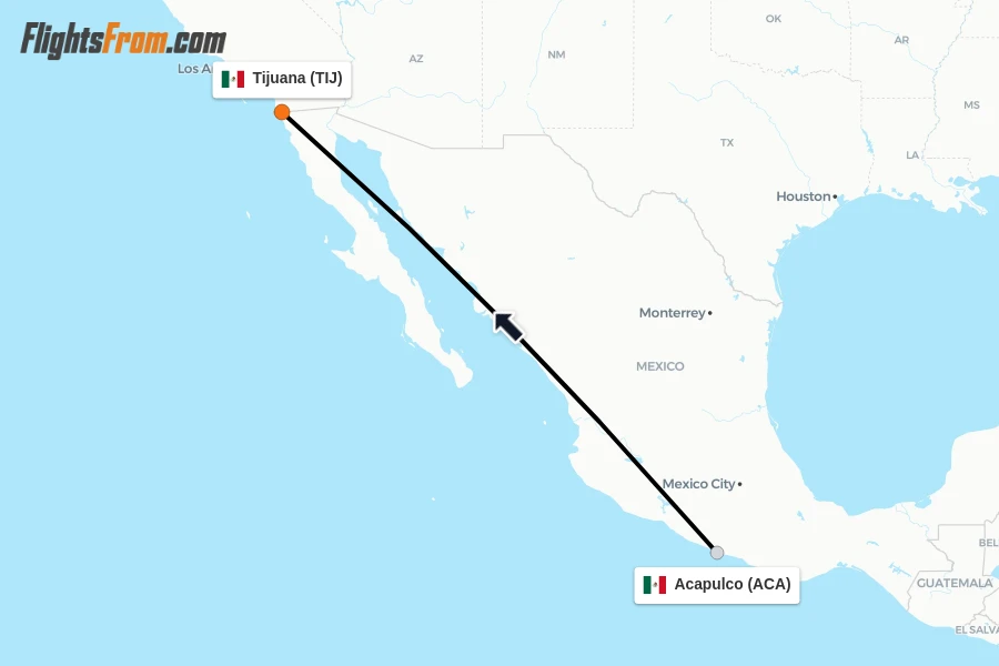 Flights from Acapulco to Tijuana route map