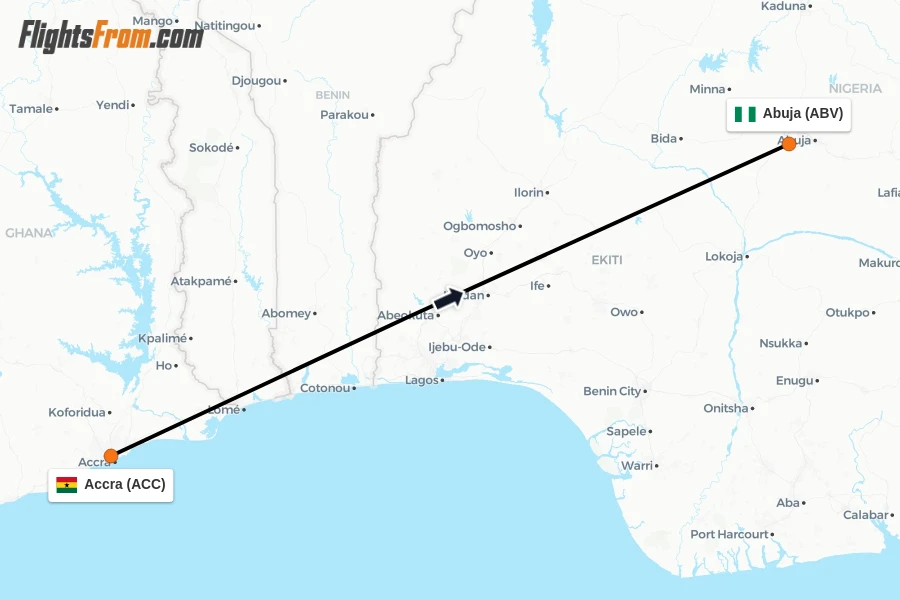 Flights from Accra to Abuja route map