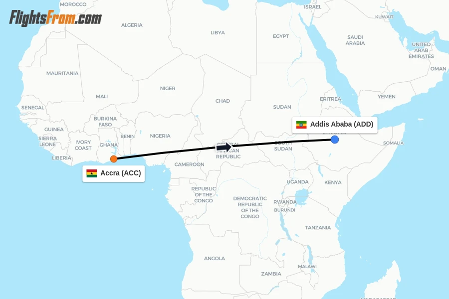 Flights from Accra to Addis Ababa route map