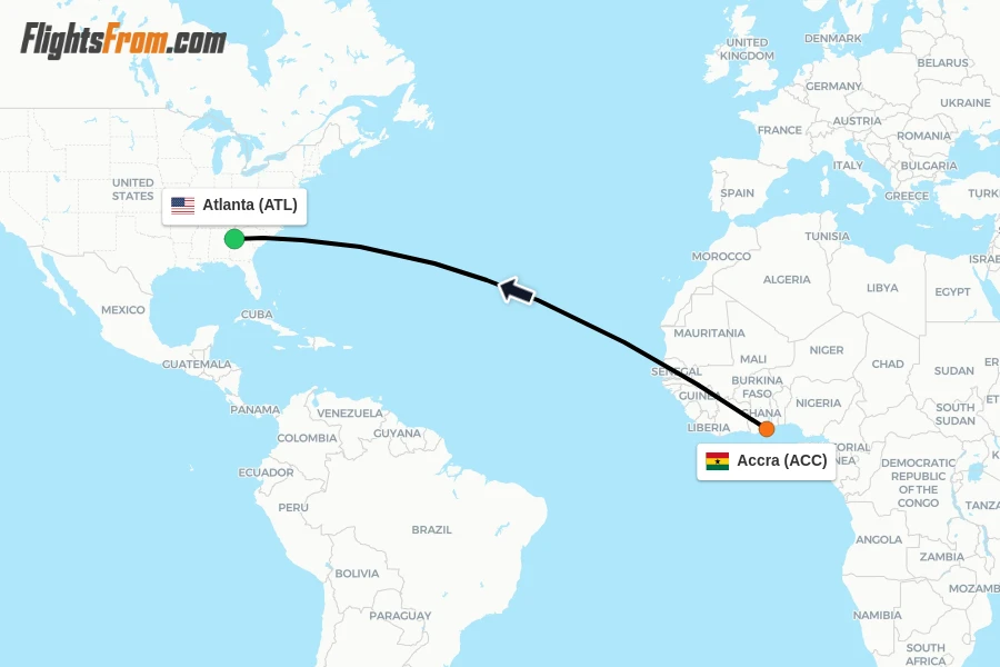 Flights from Accra to Atlanta route map