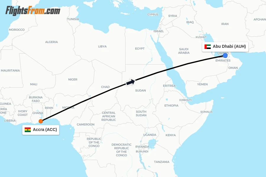 Flights from Accra to Abu Dhabi route map