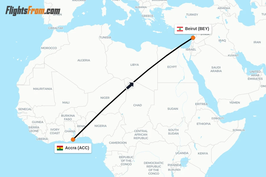 Flights from Accra to Beirut route map