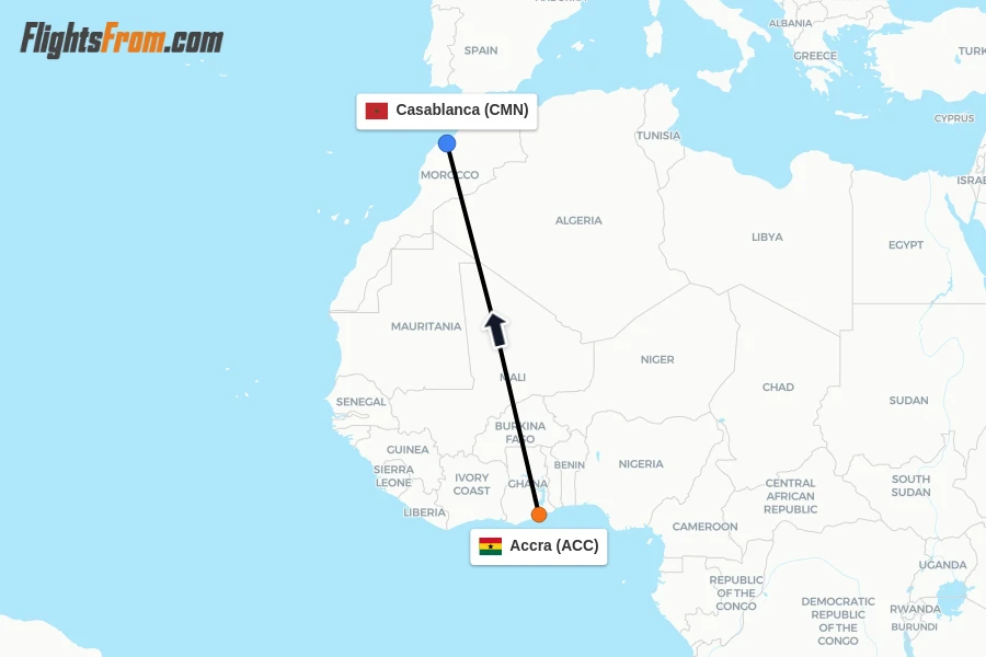 Flights from Accra to Casablanca route map