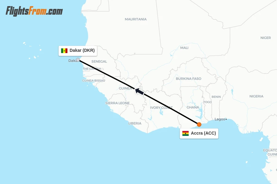 Flights from Accra to Dakar route map
