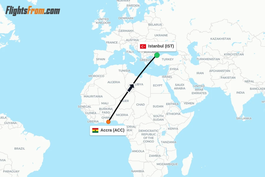 Flights from Accra to Istanbul route map