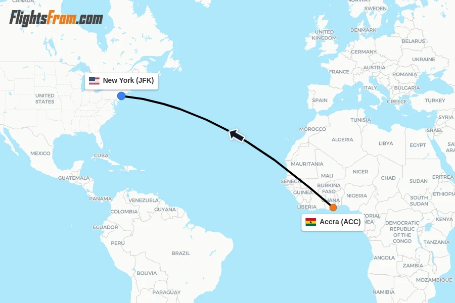 Flights from Accra to New York route map