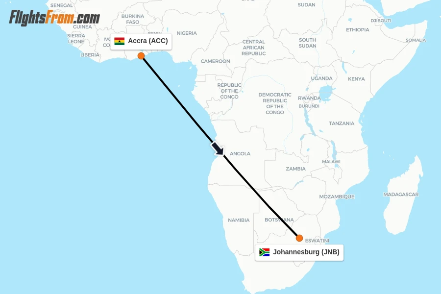 Flights from Accra to Johannesburg route map