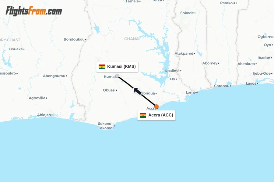 Flights from Accra to Kumasi route map