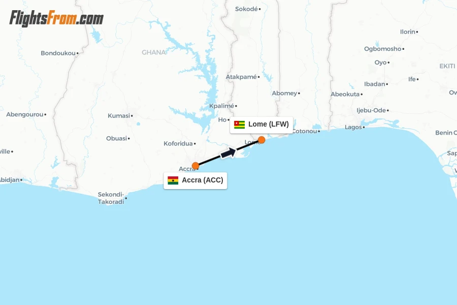 Flights from Accra to Lome route map
