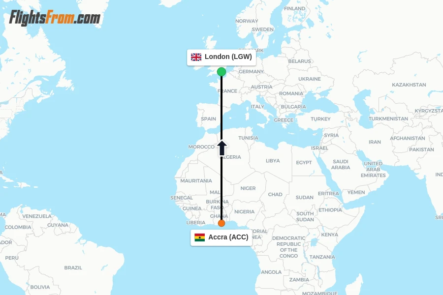 Flights from Accra to London route map
