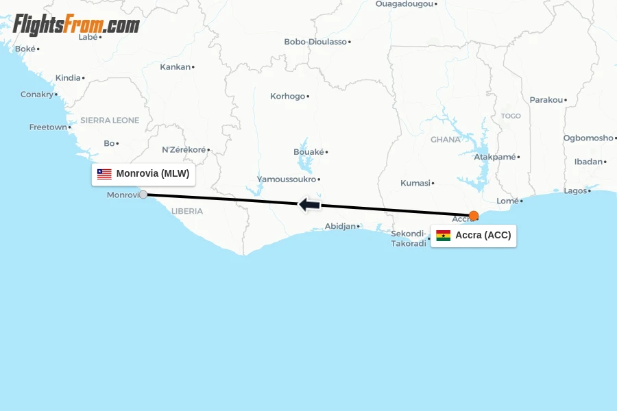 Flights from Accra to Monrovia route map